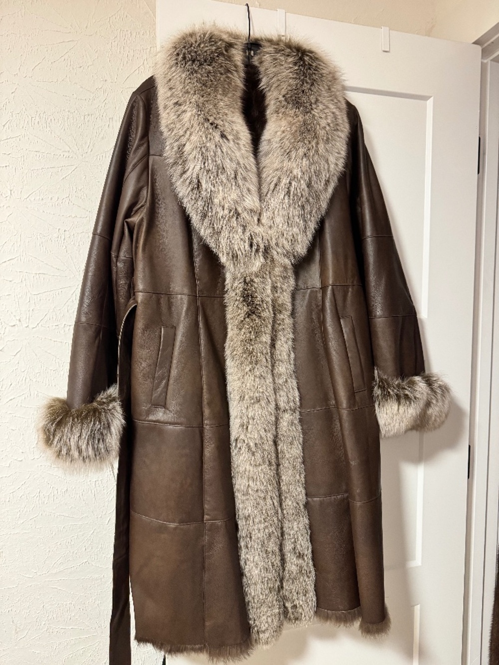 Italian rabbit fur nappa leather coat with fox fur trim, NWT